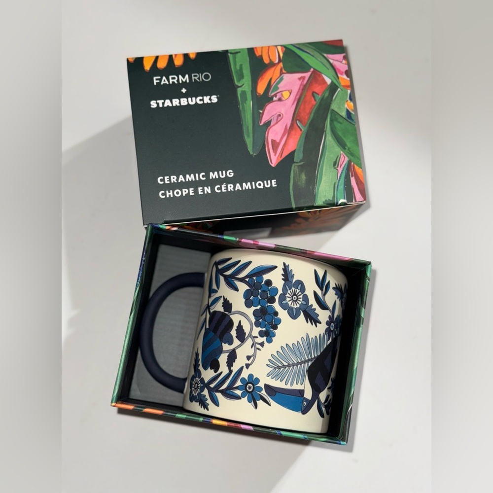 Farm Rio x Starbucks White Blue Ceramic Birds Floral Tropical Gift Box 14oz
